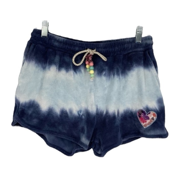LoveShackFancy Pants - LoveShackFancy Blue Tie Dye Embroidered Patchwork Jersey Loungewear Shorts Small